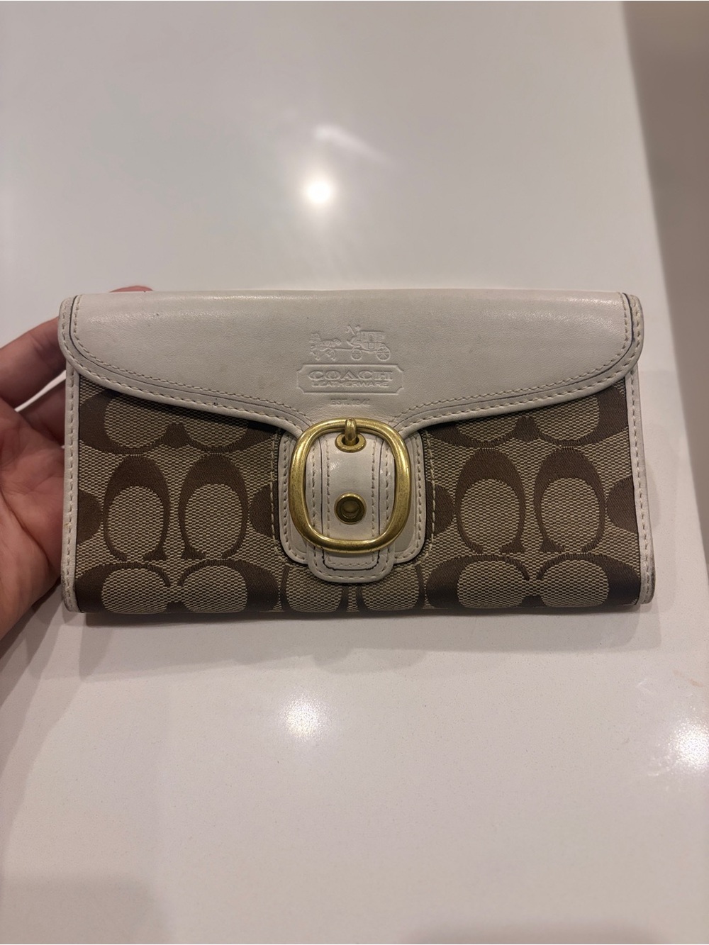 Coach Brown Signature Canvas Wallet with White Leather Trim and Gold Buckle